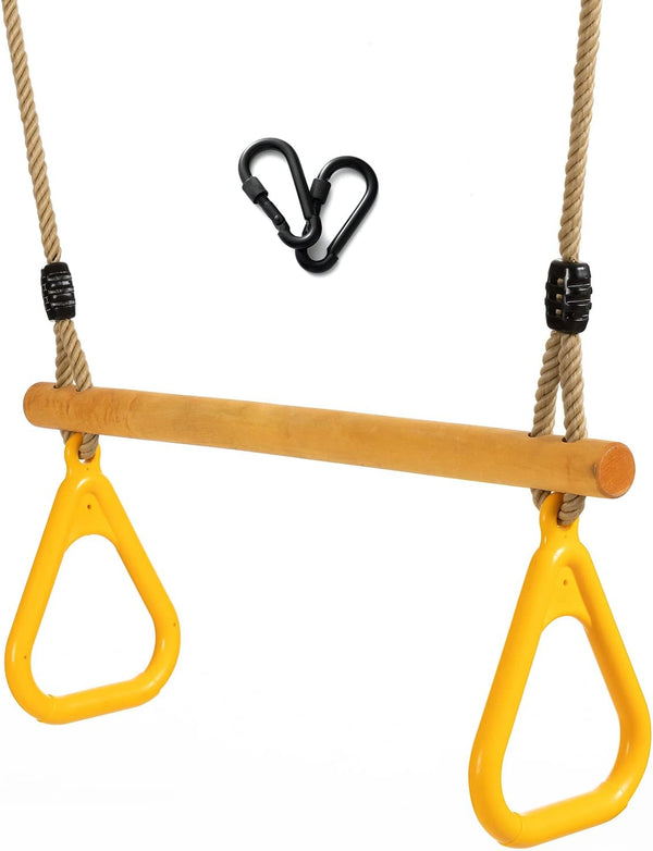 Wooden Trapeze with Plastic Gym Rings Trapeze Swing Bar with Adjustable Rope for Indoor Playground 2 in 1 Swing Set Yellow