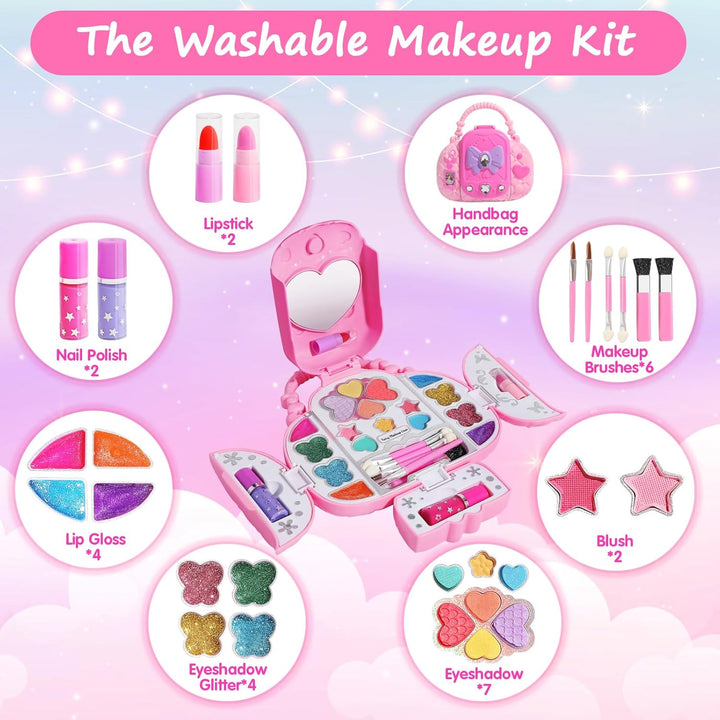 Kids Makeup Kit with Mirror - Real Washable Makeup Set for Girls 5-8, Princess Toys Cosmetic Set, Christmas & Birthday Gifts for 3-8 Year Old Girls