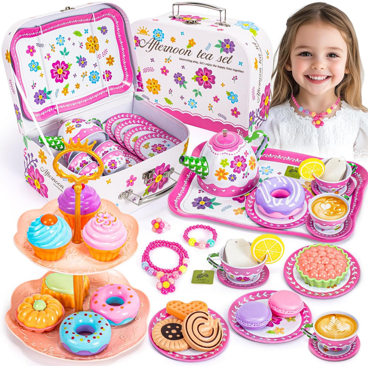 Frozen Tea Party Set for Little Girls, Princess Gift Toy, Kids Pretend Play Tin Tea Set with Teapot, Tea Cups, Food Playset & Carrying Case, Birthday for Girls Age 3+