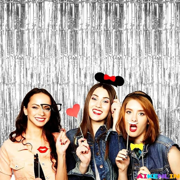 2 Pack 3.2Ft X 8.2Ft Silver Metallic Tinsel Foil Fringe Curtains, Door Streamer Photo Booth Backdrop for Birthday Graduation Engagement Bridal Shower Bachelorette Baby Shower Party Decorations