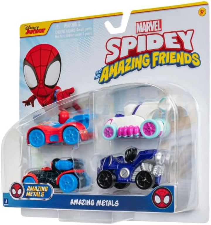Marvel Spidey and Friends 4-Pack Die-Cast Vehicles - Includes Spidey, Ghost-Spider, Black Panther, Miles Morales - Superhero Toys for Kids 3+