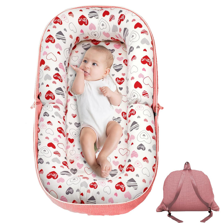 Baby Lounger, Foldable Infant Nest Pillow with Soft Memory Foam Mat, Cover with Adorable Pattern, Converts to Backpack for Easy Travel, 0-12 Months, White