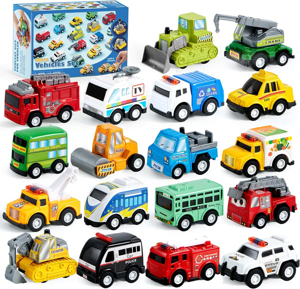 18 Pcs Pull Back City Cars and Trucks Toy Vehicles Set, Friction Powered Cars Toys for Toddlers, Boys, Girls’ Educational Play, Kids Stocking Stuffers, Treasure Box Gifts for Classroom