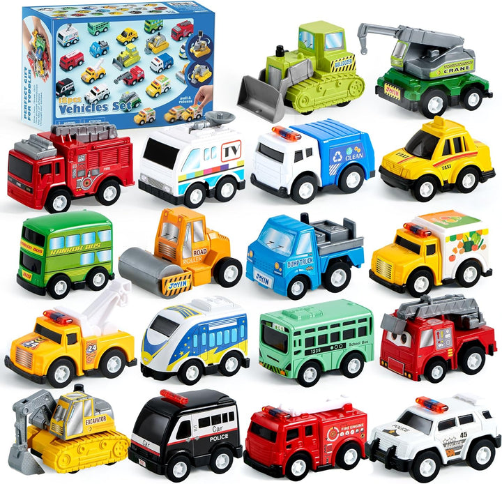 18 Pcs Pull Back City Cars and Trucks Toy Vehicles Set, Friction Powered Cars Toys for Toddlers, Boys, Girls’ Educational Play, Kids Stocking Stuffers, Treasure Box Gifts for Classroom