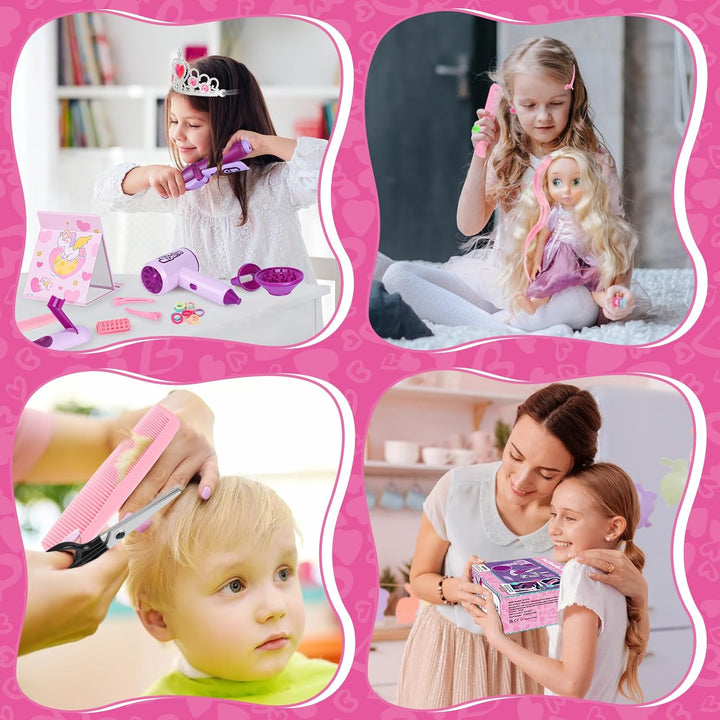 Hair Salon Toys for Girls, 40Pcs Girl Beauty Salon Playset Pretend Hair Styling Set with Hairdryer, Curling Iron, Mirror, Barber Apron and Styling Accessories for Toddler Makeup Party Christmas