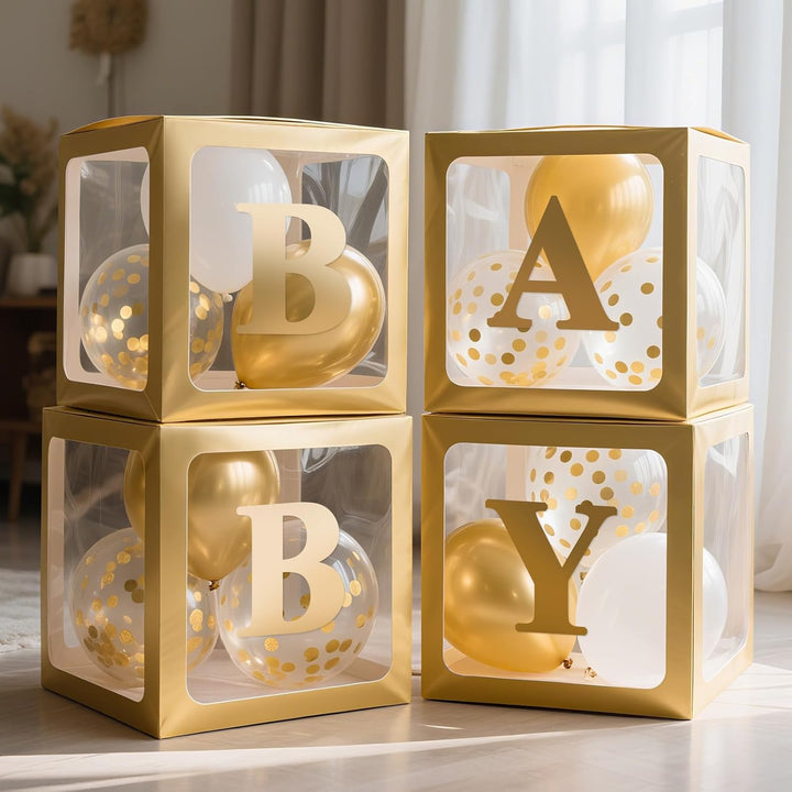 Baby Boxes with Letters for Baby Shower Decorations, 4 Pcs Clear Baby Balloon Boxes Blocks Decor with LED Fairy String Lights for Boy Girl Gender Reveal Decorations Backdrop Party (White)