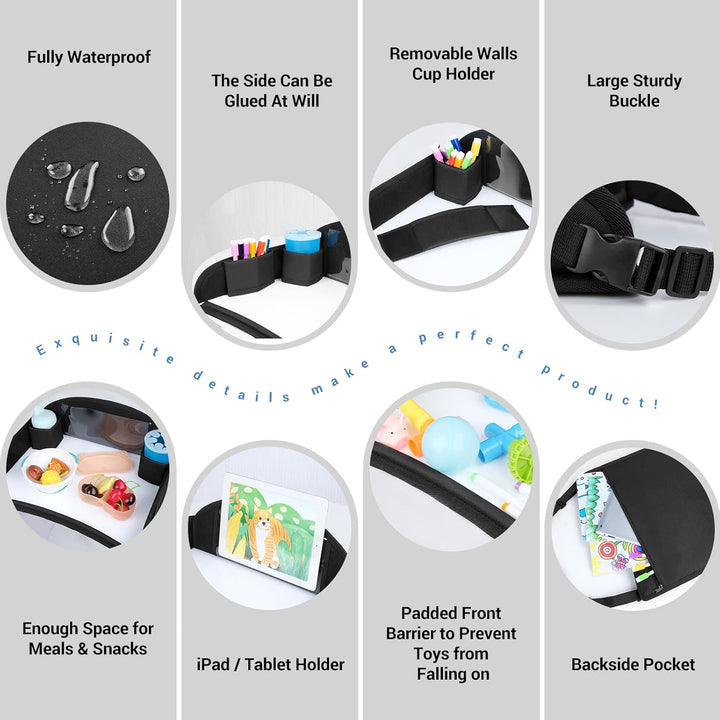 Kids Travel Tray for Toddler Car Seat, Travel Tray for Airplane, Toddler Car Seat Lap Tray, Carseat Table Tray for Kids Travel Activities (Black-1)
