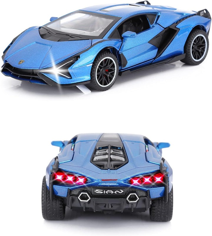 Lambo Toy Cars Sian Fkp37 Diecast Metal Model Car with Light and Sound Pull Back Car Toys for Boys Age 3 + Year Old (Blue)
