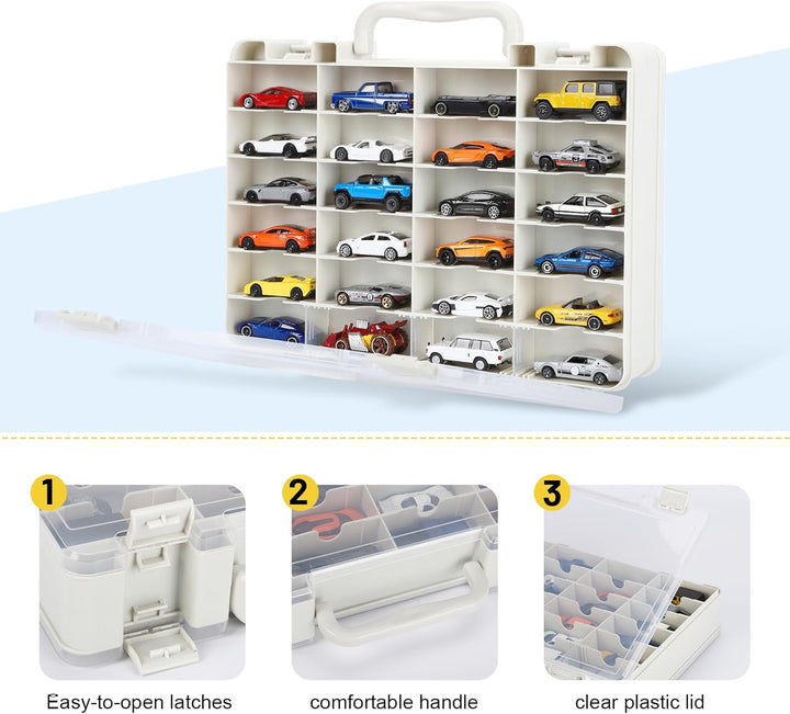Hot Wheels Storage Case: Carrying Display Case for 1/64 Scale Toy Cars, 48-Slot Double-Sided Transparent Organizer with Built-In Steps Prevent Sliding & Adjustable Dividers