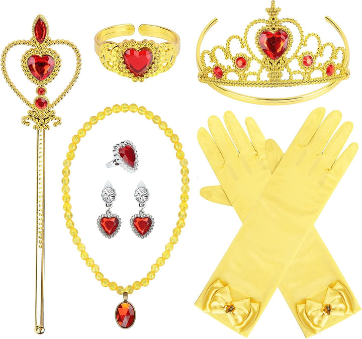 Princess Dress up Party Accessories for Princess Costume Gloves Tiara Wand Necklace Earrings Bracelet and Ring Gift Set 9Pcs (Pink, Set of 7, 9Pcs)