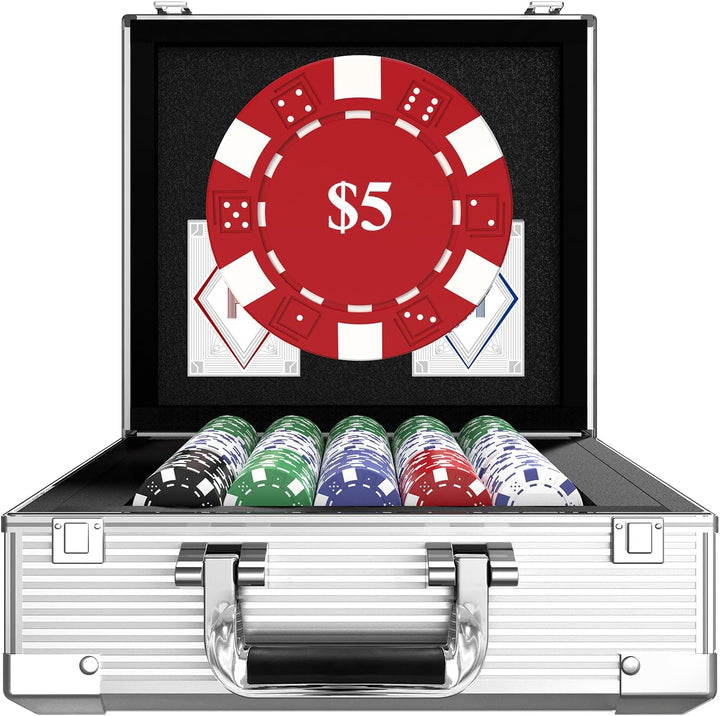 Poker Set with Denominations, 300-Pcs 11.5G Weighted Numbered Chips, 5 Dice, 2 Decks with Compact Aluminum Case for Texas Hold'Em, Blackjack, Age 8 and Plus