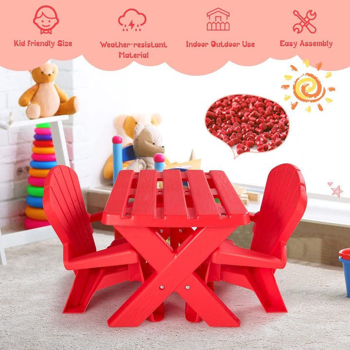 Kids Outdoor Table & Chair Set, Toddler Play Table with 2 Adirondack Chairs, 3 Pcs Kids Backyard Furniture, Stackable Design for Saving Space, for Beach, Garden, Lawn (Red)