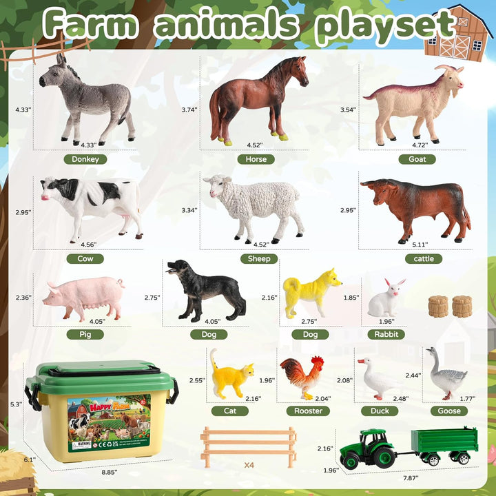 Farm Animal Toys for Toddlers,23 PCS Animal Toys with Realistic Animal Figurines,Tractor Toy and Fence,Farm Playset Educational Learning Toys for Toddlers Kids 3-5