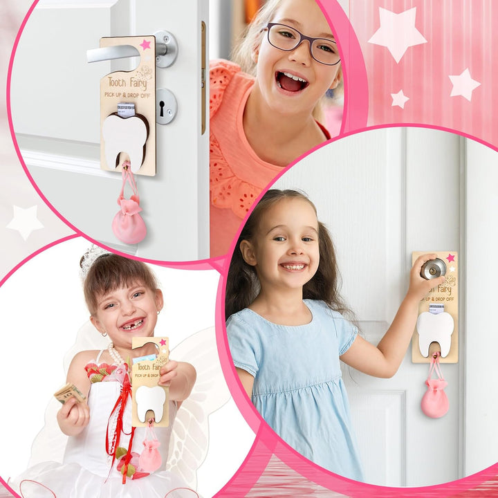 Tooth Fairy Holder Bag Hanger with Money Slot Keepsake Bottle Velvet Pouch Tooth Fairy Box Encourage Gift for Lost Teeth Boy Girl Milk(Classic,Pink)