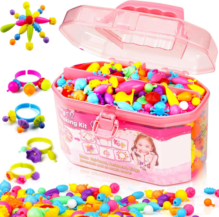 520+ Snap Pop Beads - Jewelry Making Kit, Arts and Crafts for Kids Ages 4-8, Toys for 3 4 5 6 Years Old Girls Birthday Gifts Ideas, Bracelet Necklace Ring Snap Set for Little Girls