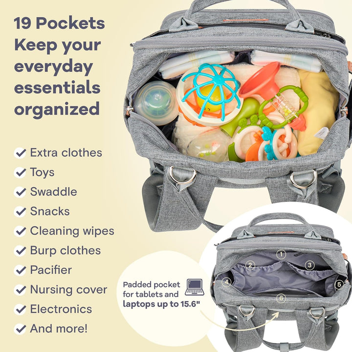 Diaper Bag Backpack-Multifunction Travel Baby Diaper Bag with Changing Pad, Insulated Bottle Holders & Pacifier Case, Large Capacity, Waterproof, Gray