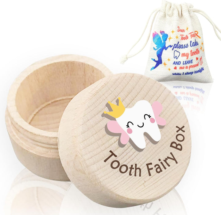Tooth Fairy Box for Girls, Cute Carved Wooden Box with 3D Tooth, Stores Lost Teeth for Kids, Souvenir Dropped Tooth Keepsake Storage Box Gift for Little Girl（P-Wings-T）