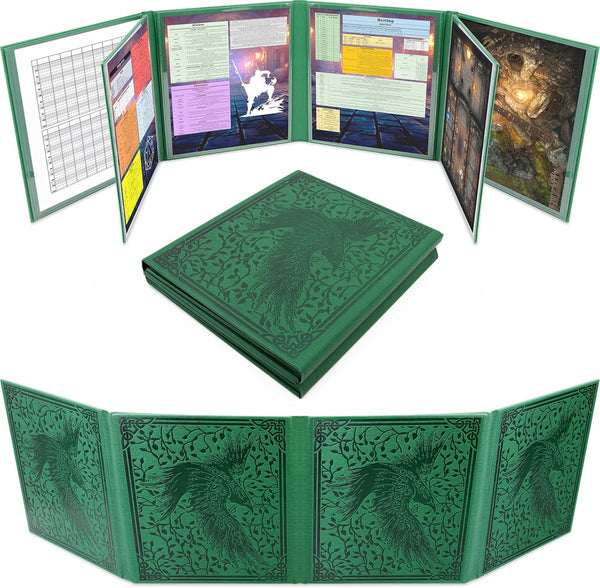 DM Screen PU Leather 8-Panel Deluxe GM Screen - Eight Panel Folding Dungeon Master Screen with 2 Swinging Panels and Wet Erase Pockets for Ttrpgs - Green, Inserts Not Included