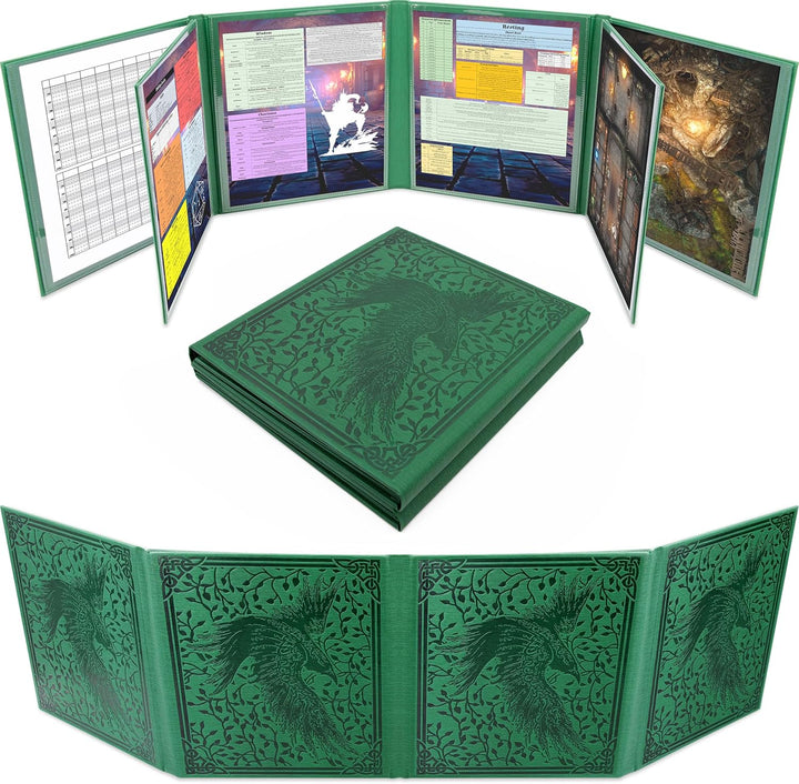 DM Screen PU Leather 8-Panel Deluxe GM Screen - Eight Panel Folding Dungeon Master Screen with 2 Swinging Panels and Wet Erase Pockets for Ttrpgs - Green, Inserts Not Included