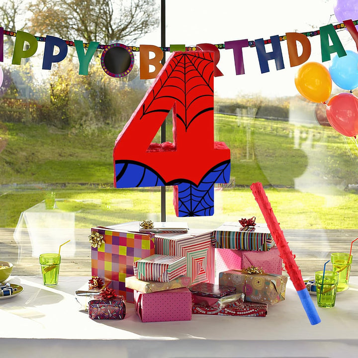 16 Inch Number 4 Spider Pinata with 16 Inch Piñata Stick Blindfold Confetti for Boy Girl Kids 4Th Birthday Party Decorations (4Th)