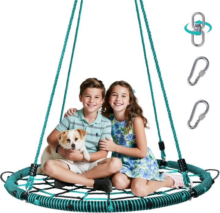 750Lbs 40" Spider Web Saucer Tree Swing for Kids Adults, Outdoor Net Swing with Steel Frame and 2 Hanging Straps-Blue