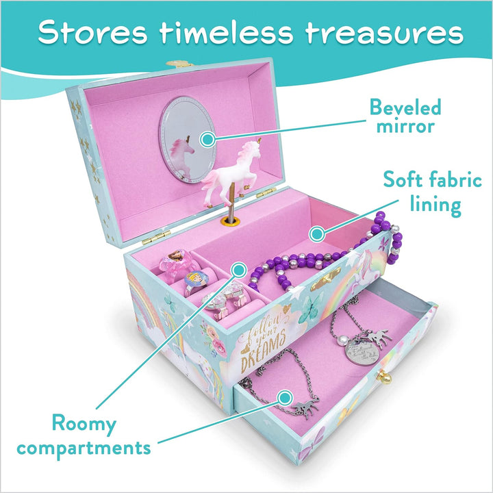 Unicorn Musical Jewelry Box, Classic Melody Storage Organizer Kids Ages 6-12, Wood Construction W/ 2 Compartments