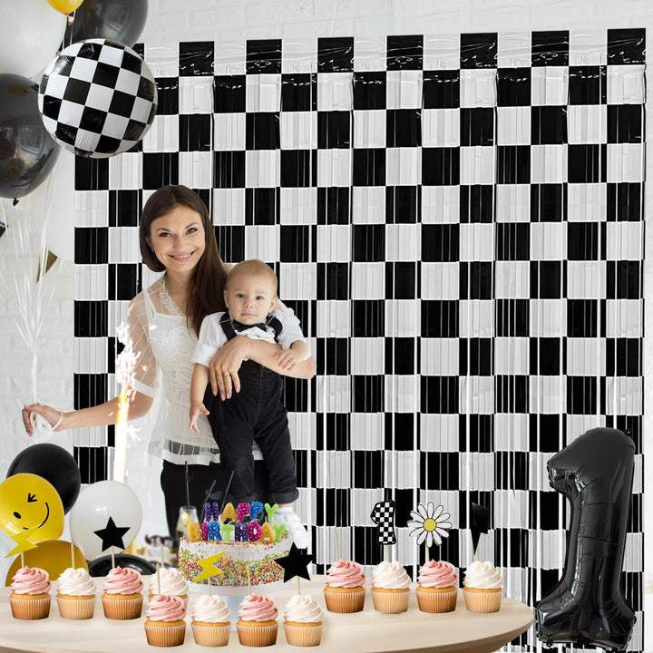 Race Car Foil Fringe Curtains Backdrop Birthday Party Decorations, 2 Pack 3.28 X 6.56 Ft Black White Foil Fringe Curtain Photo Booth Props Racing Car One Happy Dude Birthday Party Decorations