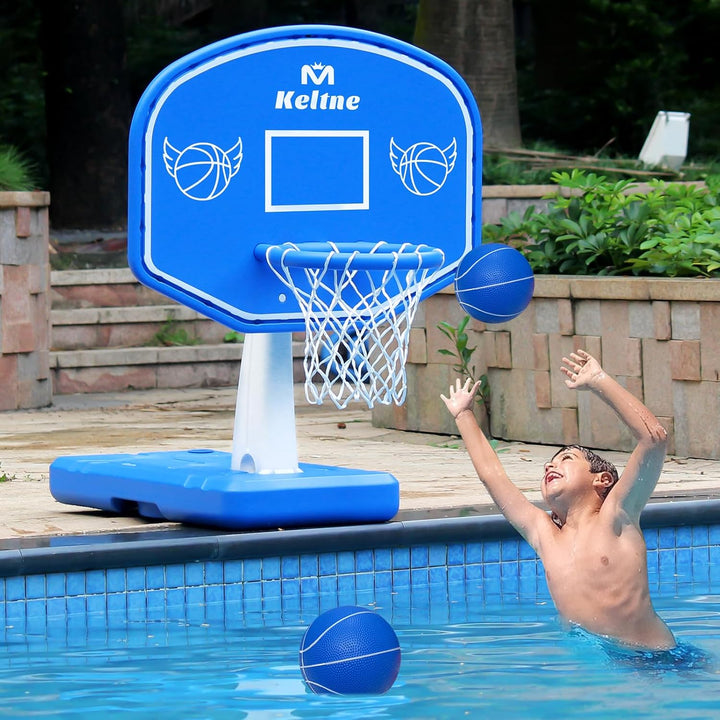 LED Pool Basketball Hoop Poolside, Large Solar Powered Basketball Hoop for Pool, Swimming Pool Basketball Game Toys with Lengthen Sturdy Base for Kids Adults, Includes 2 Balls and Pump
