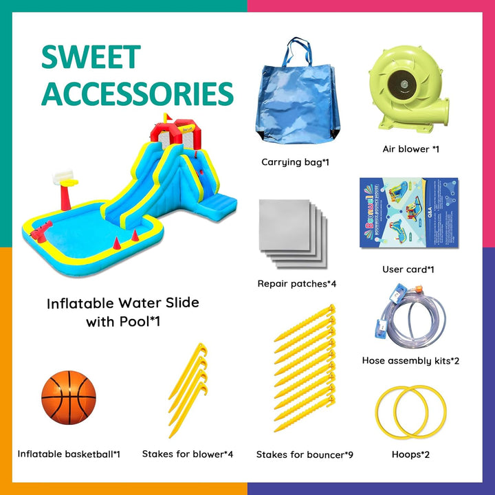 Inflatable Water Slide, Blow up Water Slide with Climbing Wall, Water Slide for Kids Backyard with Basketball Hoop, Water Cannon and Splash Pool