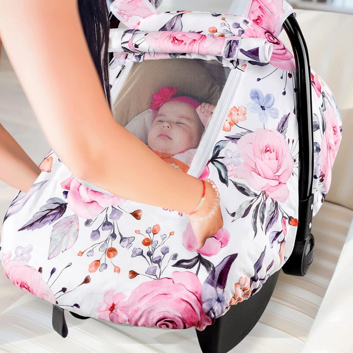 Floral Baby Carseat Cover Girls,  Infant Car Seat Covers Canopy for Newborn with 2 Layers Windows of Breathable Mesh/Fabric, Lightweight Polyester/Minky Dot Backing, Snug Fit Most Baby Car Seat