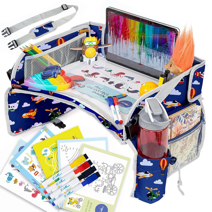 Kids Travel Tray for Car - Car Seat Tray for Kids Travel, Road Trip Essentials - Carseat Table for Roadtrip Activities - Must Have Toddler Lap Desk Organizer for Airplane - Car Accessories