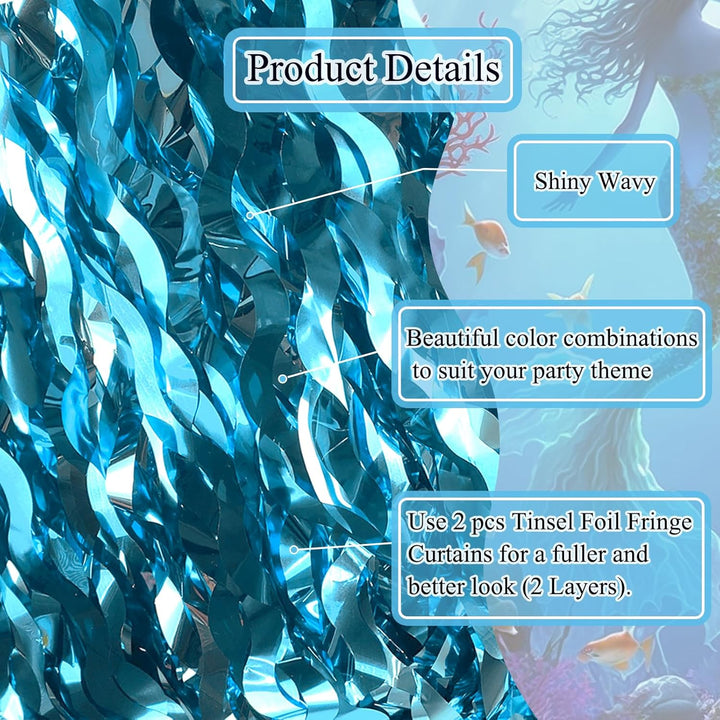 Wavy Tinsel Foil Fringe Curtains Teal Blue Streamers Backdrop for Ocean Themed Party Blue Birthday under the Sea Party Decorations(2 Pack,3.2 Ft X 6.6 Ft)