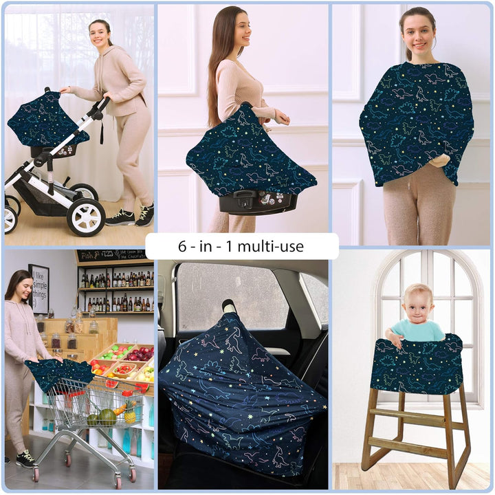 Car Seat Covers Canopy Cover - Multi-Use Cover Carseat Canopy, Breathable Breastfeeding Cover, Car Seat Covers for Bbies, Boys & Girls Shower Gifts (Dark Blue Dinosaur)