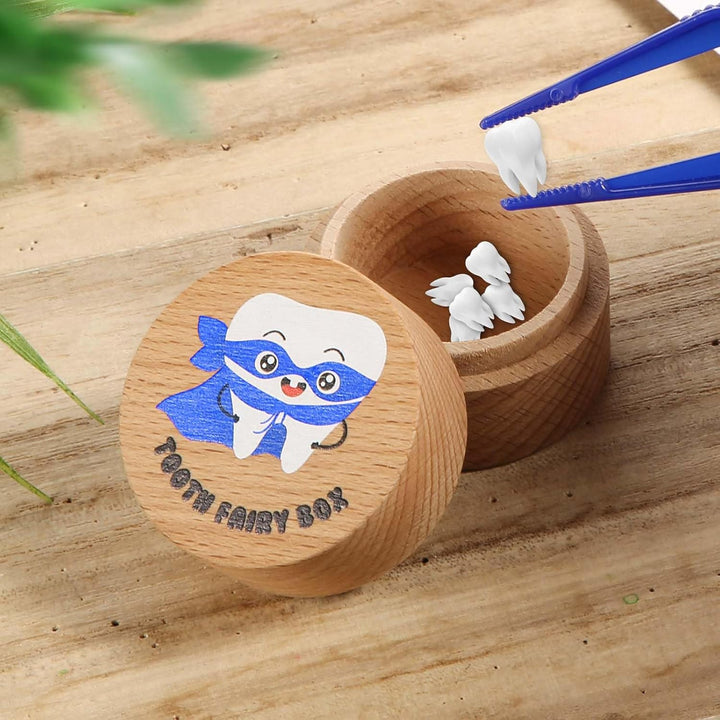 Tooth Fairy Box, Colored Tooth Box for Boys Cute Wooden Tooth Fairy Keepsake Lost Teeth Holder to Put under Pillow for Birthday Baby Shower