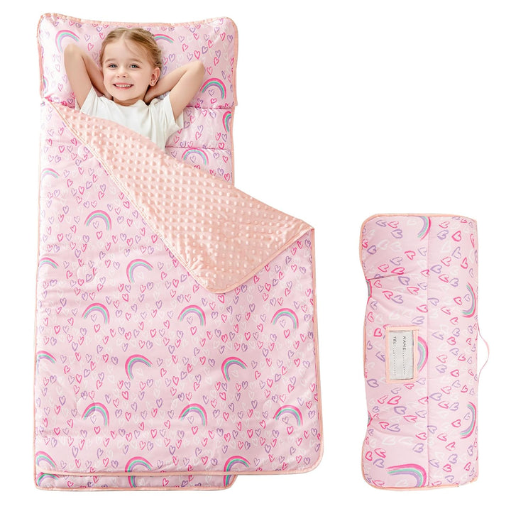 Toddler Kid Nap Mat for Preschool, Girls Pink Princess Slumber Bag, Daycare Sleeping Bag with Pillow and Blanket, Kindergarten Sleep Mat