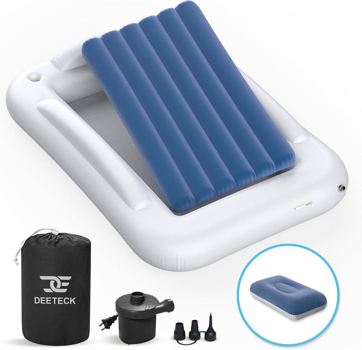 Inflatable Toddler Travel Bed - 60 Inches Portable Toddler Bed for Travel with Safety Sides - Cozy Kids Air Mattress Set with High-Speed Pump & Carry Case - Lightweight & Easy to Inflate -Blue