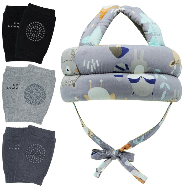 Baby Head Protector Helmet & Baby Knee Pads 3 Pairs Toddler Protector Cap Soft Cotton Cushion, Adjustable Bump-Free Safety Hood to Crawling, Walking, and Running