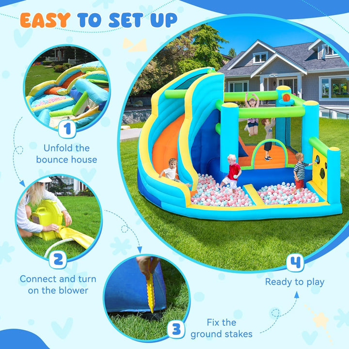 Inflatable Bounce House Water Slide Park, Bouncy Castle with Blower for Indoor & Outdoor, Jumping Castle with Slide, Climbing Wall, Basketball