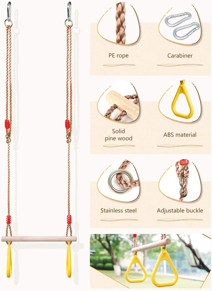 Trapeze Bar Swing Set Hanging Bar Rings for Kids 18" Wooden Swing Bar Heavy Duty Carabiner for Kids Backyard Outdoor Play