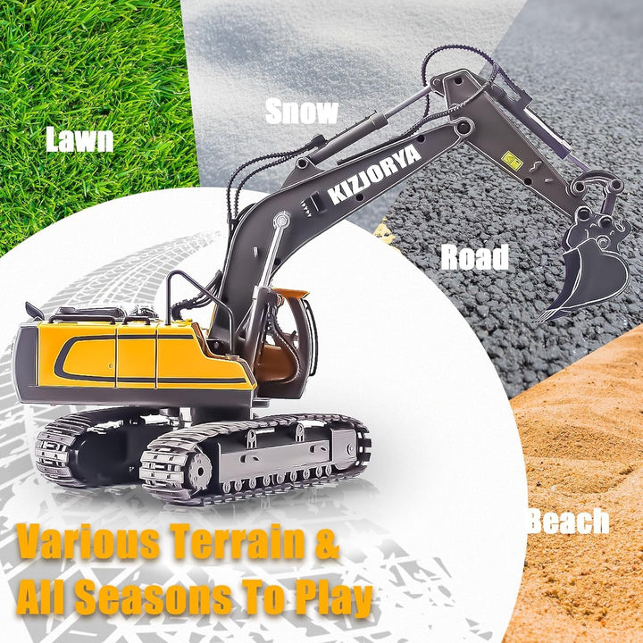 Remote Control Excavator, Toys for Boys Age 6-12, Rechargeable 11 CH RC Construction Vehicles Truck with Sound Light Metal Shovel, Birthday for Kids 7 8 9 10+ Year Old(2.4 Ghz)