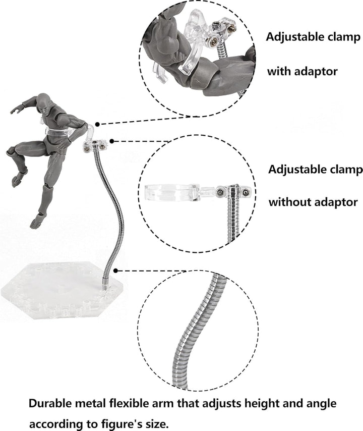Action Figure Stand with Adjustable Metal Support Arm, Action Figure Display Holder Stand Base Compatible with HG RG SD SHF Gundam 1/144 Toy with Screwdriver (2Pcs Clear)