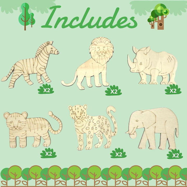 Safari Party Favors - 12 PCS Jungle Craft Kits Party Supplies - Safari Jungle Wooden Painting Kit for Kids with Bubble Wand - Wild Animals Christmas Birthday Goodie Bags Gifts Prizes Girls Boys