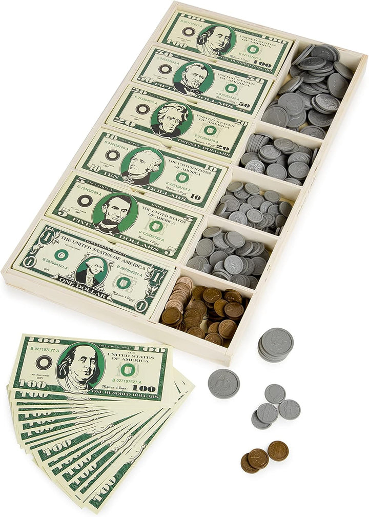 Play Money Set - Educational Toy with Paper Bills and Plastic Coins (50 of Each Denomination) and Wooden Cash Drawer for Storage