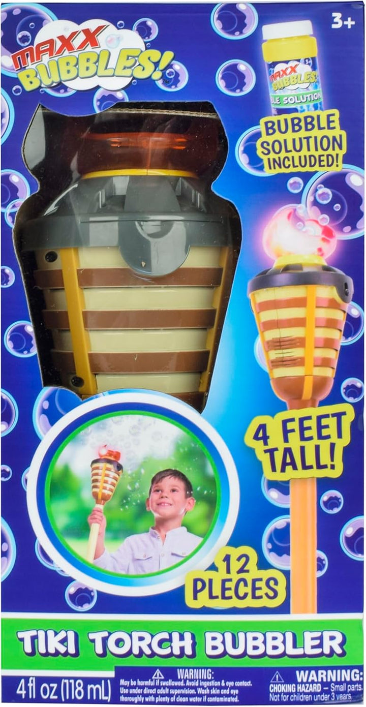 Tiki Torch Bubbler - Bubble Machine with Lights and Music, Bubble Blower and Wand, Rechargable Outdoor Toy for Kids Teens Adults, 4 Feet Tall, Includes 4Oz Bubble Solution