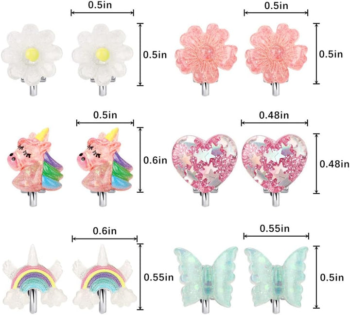 6Pairs Crystal Unicorn Clip on Earrings for Little Girls, Rainbow Clip-On Jewelry Butterfly Earrings Toddler Girls Dress up Jewelry