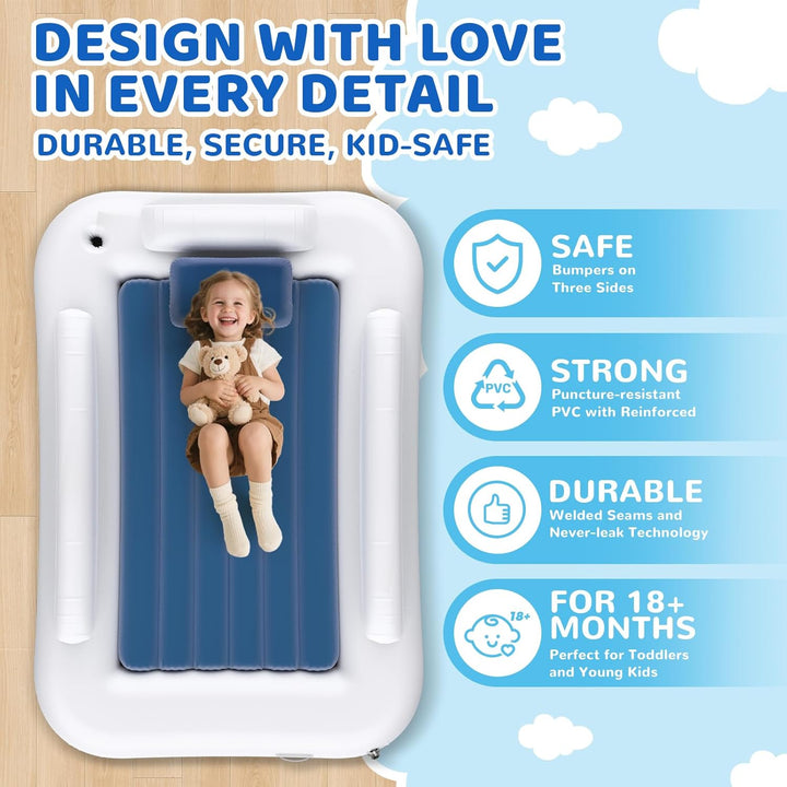 Inflatable Toddler Travel Bed - 60 Inches Portable Toddler Bed for Travel with Safety Sides - Cozy Kids Air Mattress Set with High-Speed Pump & Carry Case - Lightweight & Easy to Inflate -Blue