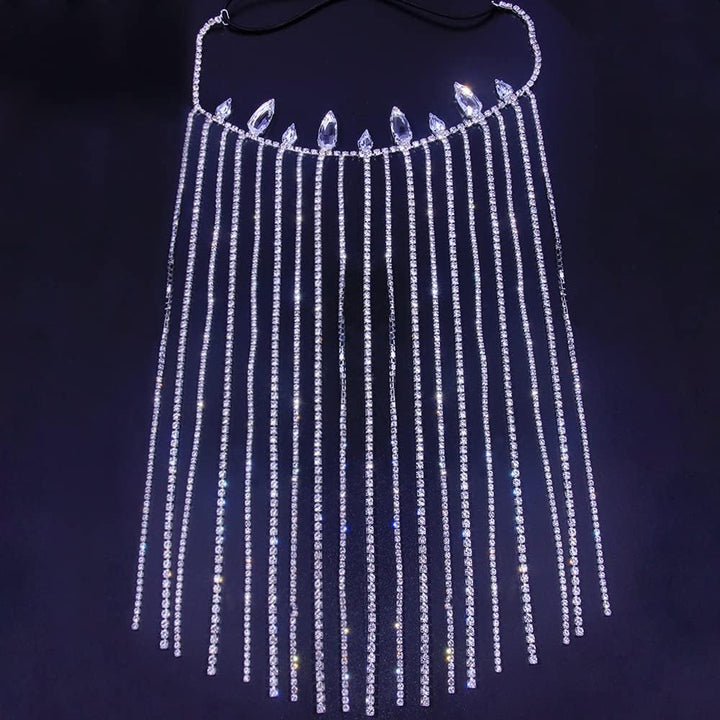 Zircon Rhinestone Long Tassel Hair Chain Wedding Bling Elastic Head Chain Jewelry Bride Accessories for Women(Gold-Color)