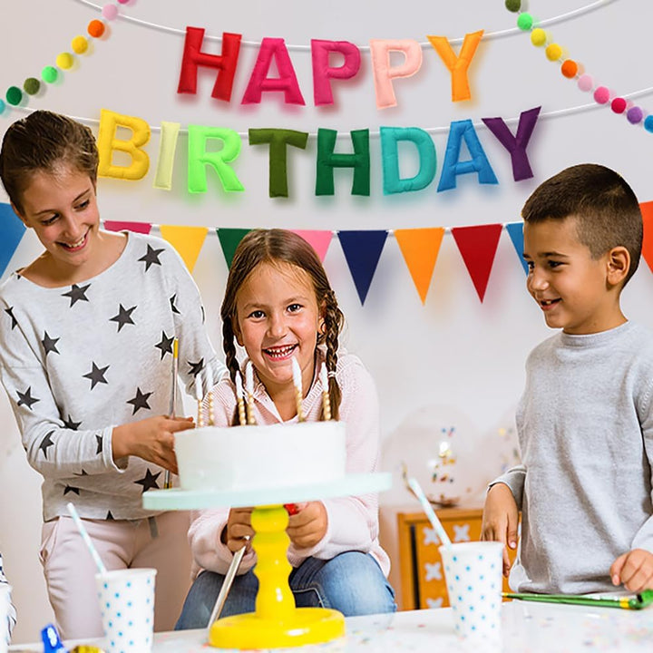 Pre-Strung Happy Birthday Banner - Felt Ball Garland HAPPY BIRTHDAY Pennant, Multicolor Bunting String Triangle Flags Bulk Rainbow Bunting