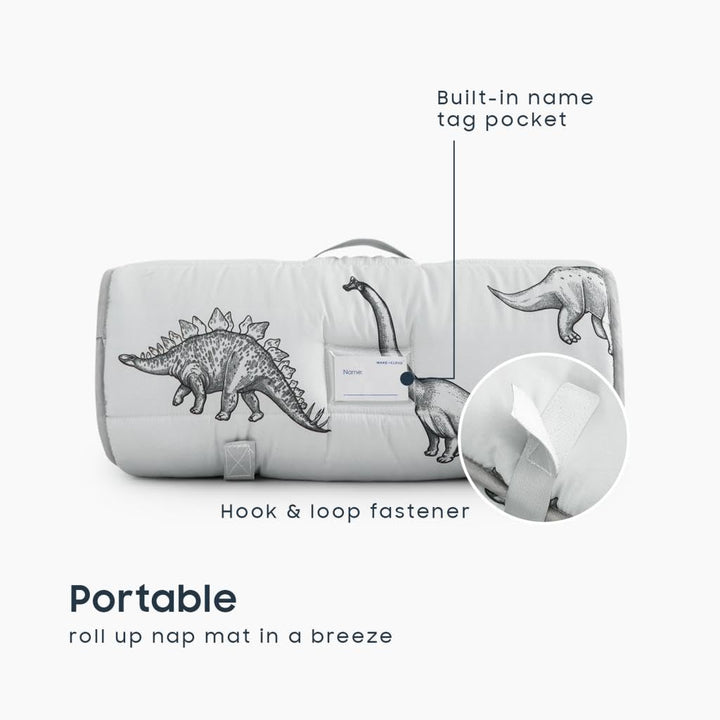 - Toddler Nap Mat with Pillow and Blanket, for Kids Boys Girls in Kindergarten Daycare Preschool Pre K, Roll up Sleeping Bag, Jurassic Dinosaur Dino, Grey, Standard