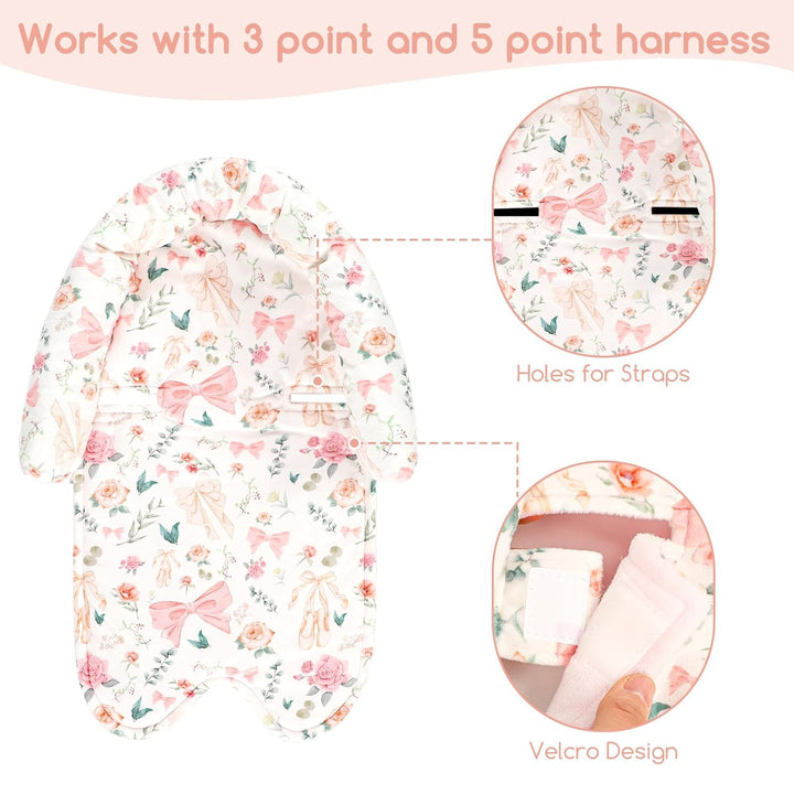 Baby Car Seat Head Support for Newborn,  2 in 1 Infant Car Seat Head Body Support with Strap Pads, Soft Stroller Cushion Pillow Insert for Girls, Fits for Stroller, Swing, Pink Floral